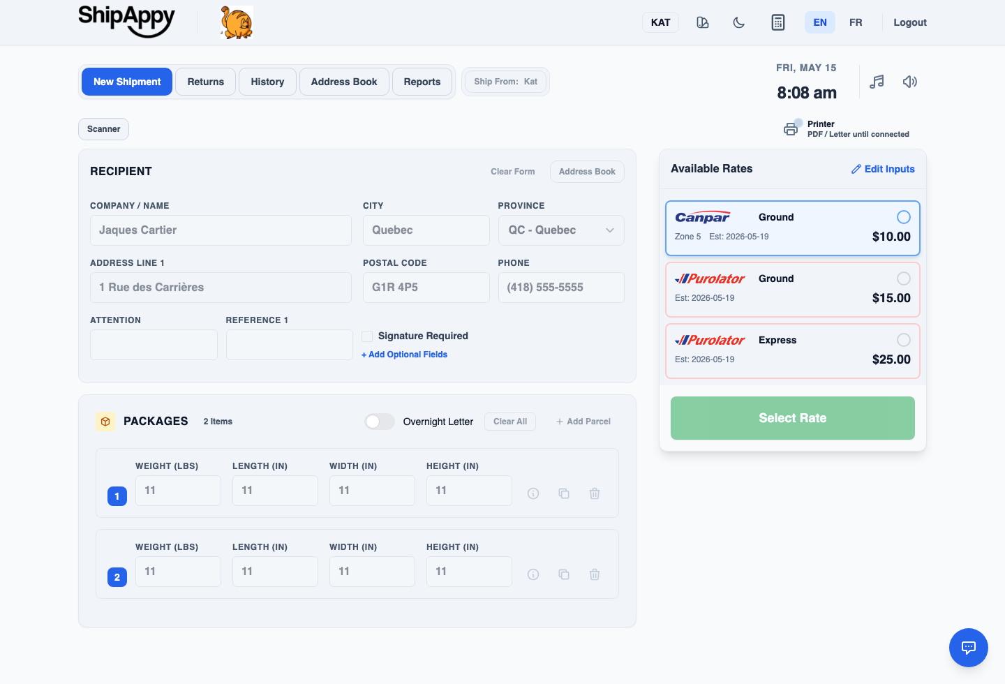 Close-up of ShipAppy rate shopping and label workflow